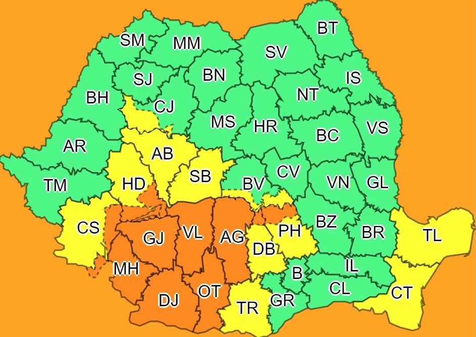 Cod portocaliu de ploi torențiale în 6 județe din sudul țării și în zona montană a județelor Caraș-Severin, Hunedoara, Dâmbovița și Prahova. În Caraș-Severin, au fost gospodării inundate : Europa FM