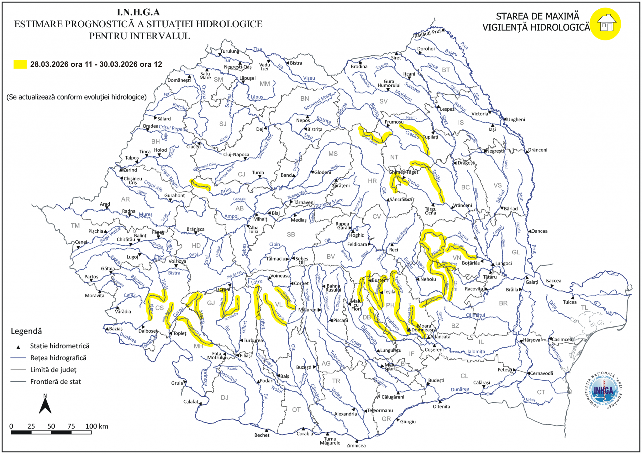 Hidrologii au emis o avertizare de cod galben de inundații, valabilă pentru râuri din 16 județe